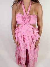 Casa Amor Rosette Halter Maxi Dress- Pink