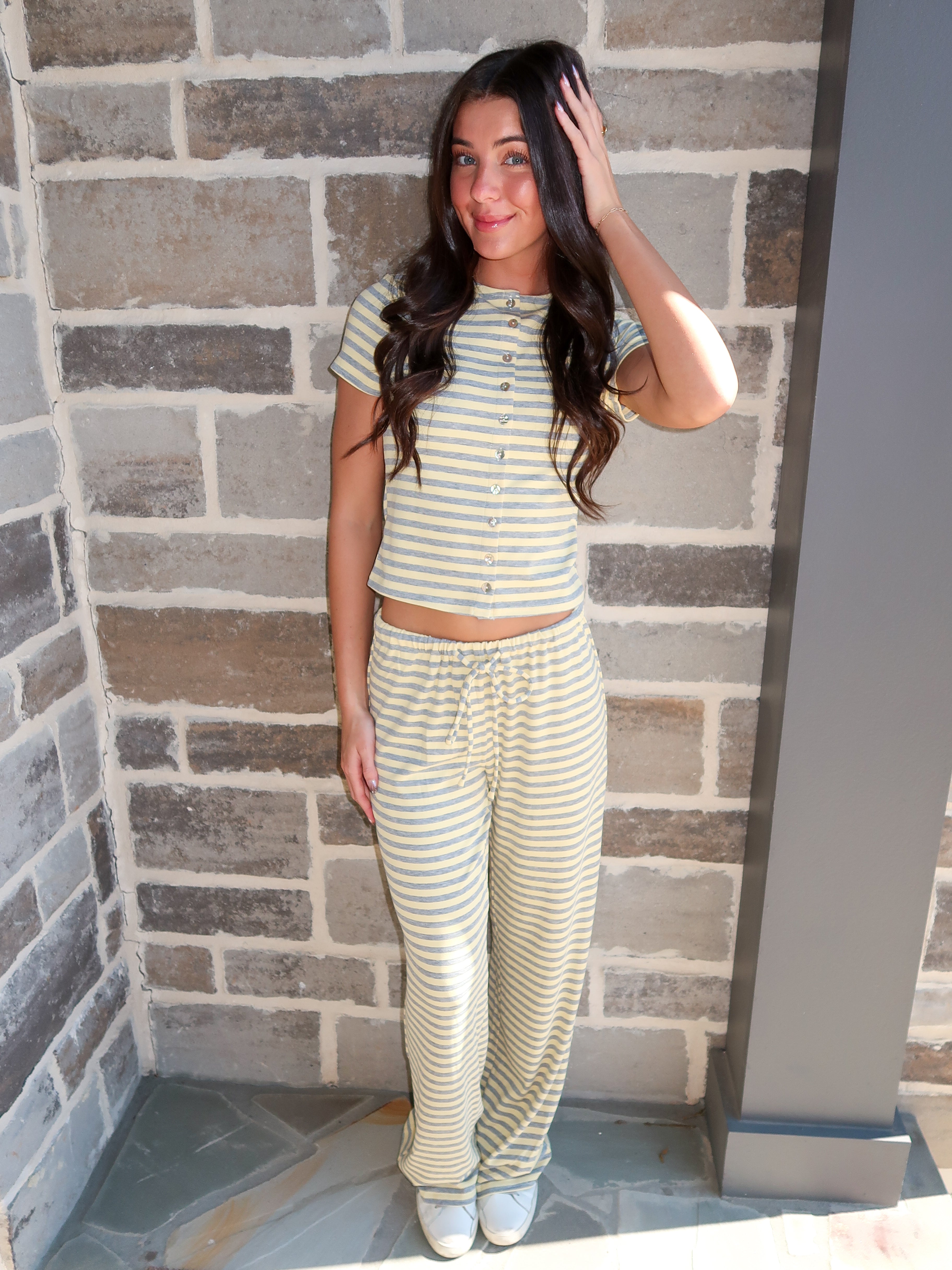 Pippa Striped Pants Set- Yellow/Grey