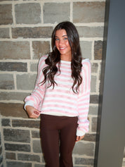 Camille Striped Knit Off The Shoulder Sweater- Pink