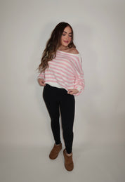 Camille Striped Knit Off The Shoulder Sweater- Pink