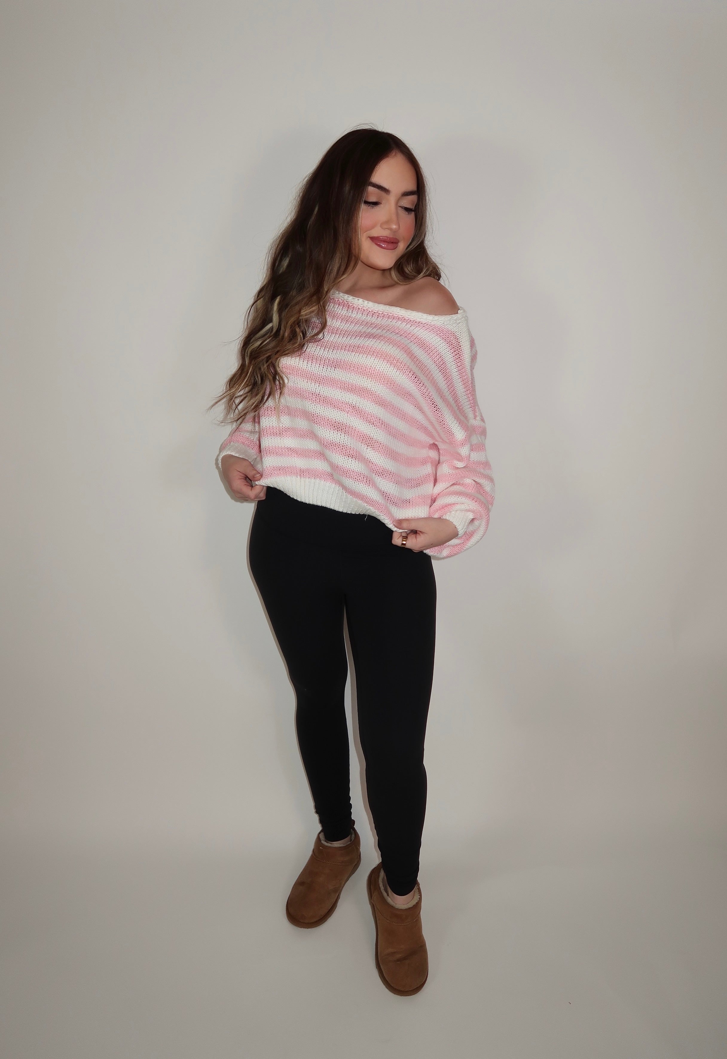 Camille Striped Knit Off The Shoulder Sweater- Pink