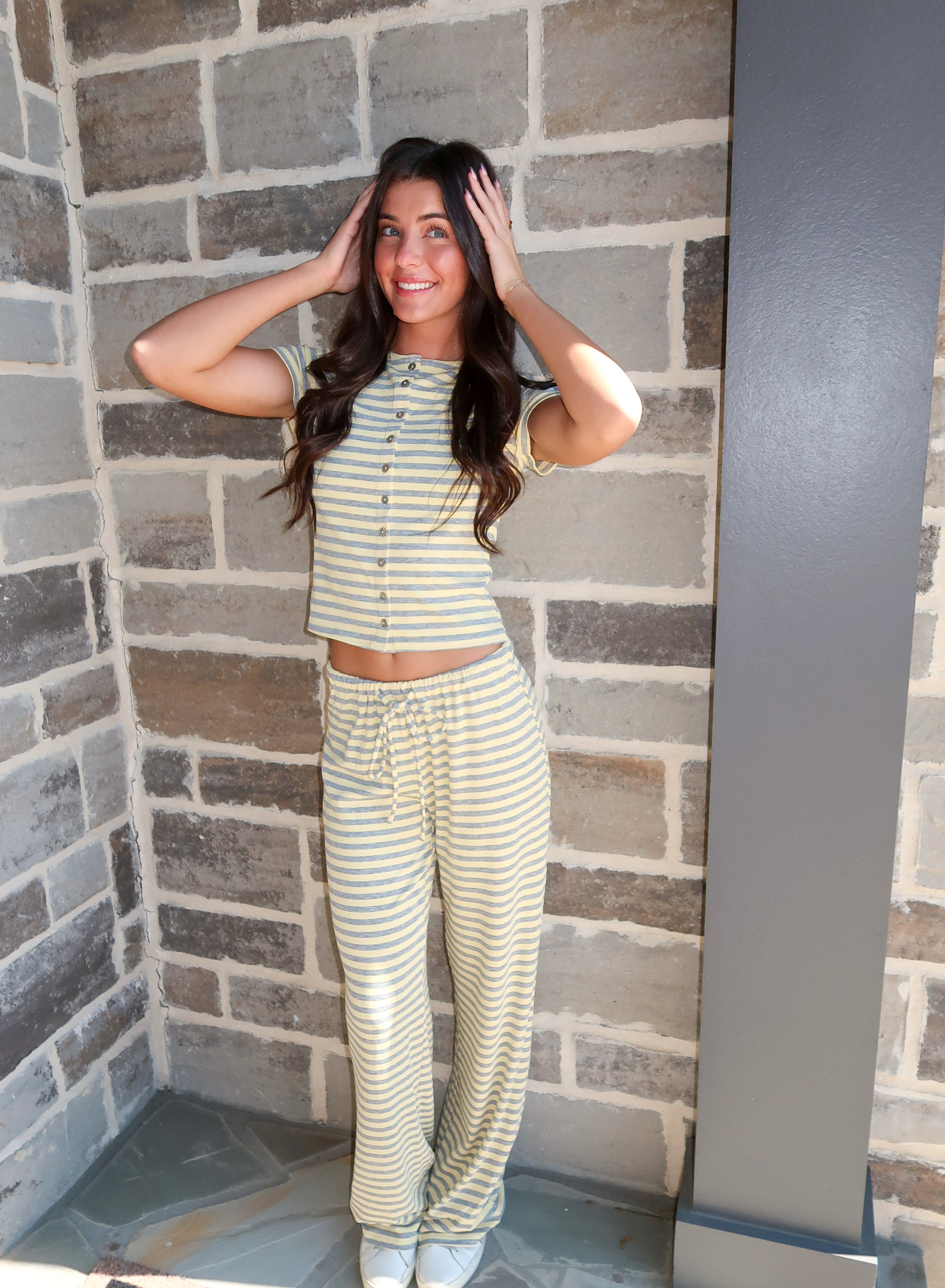 Pippa Striped Pants Set- Yellow/Grey