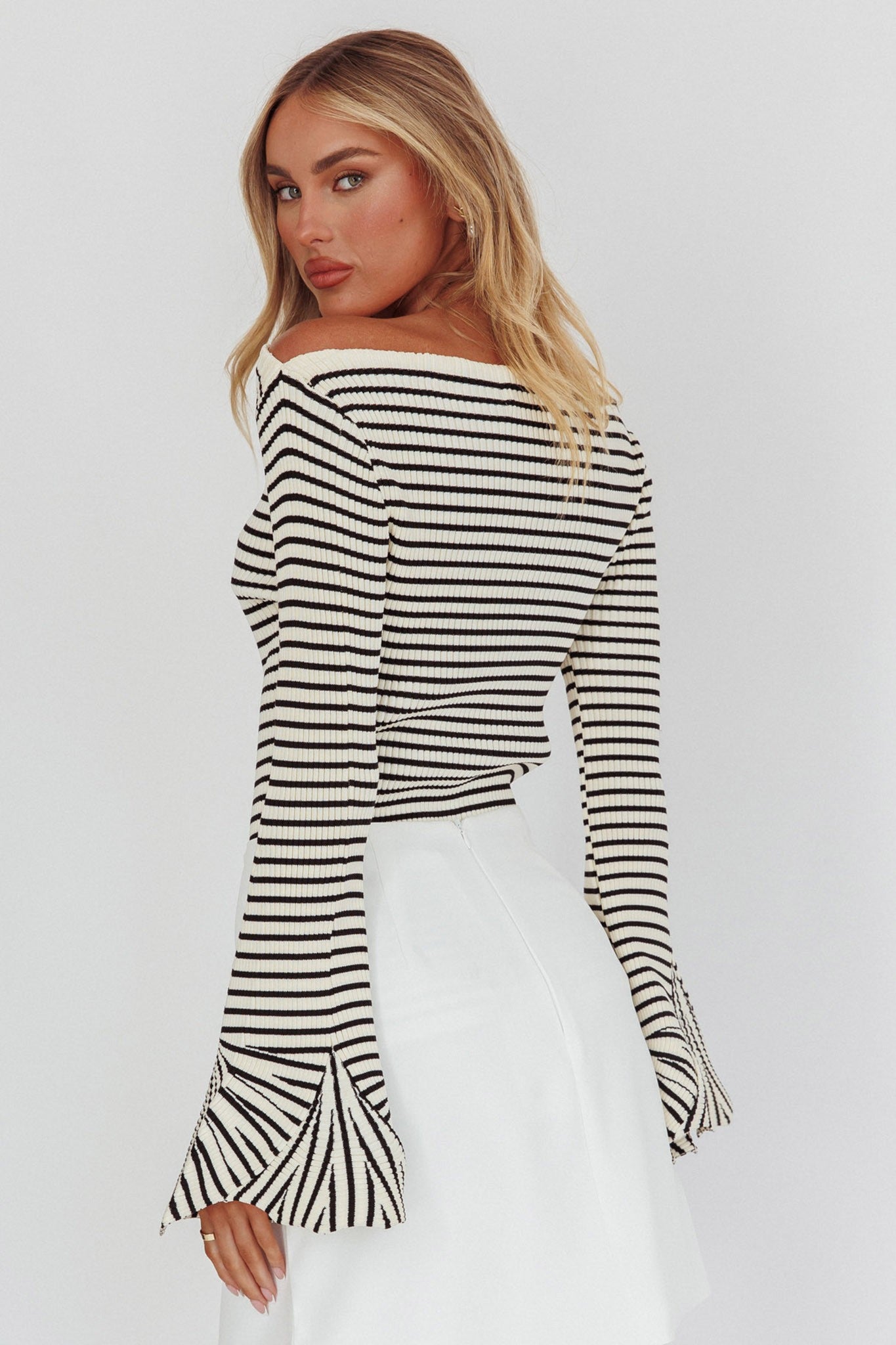 Riley Long Sleeve Striped Sweater- White/Black