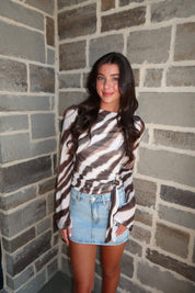 Zahara Long Sleeve Top- Ivory/Brown