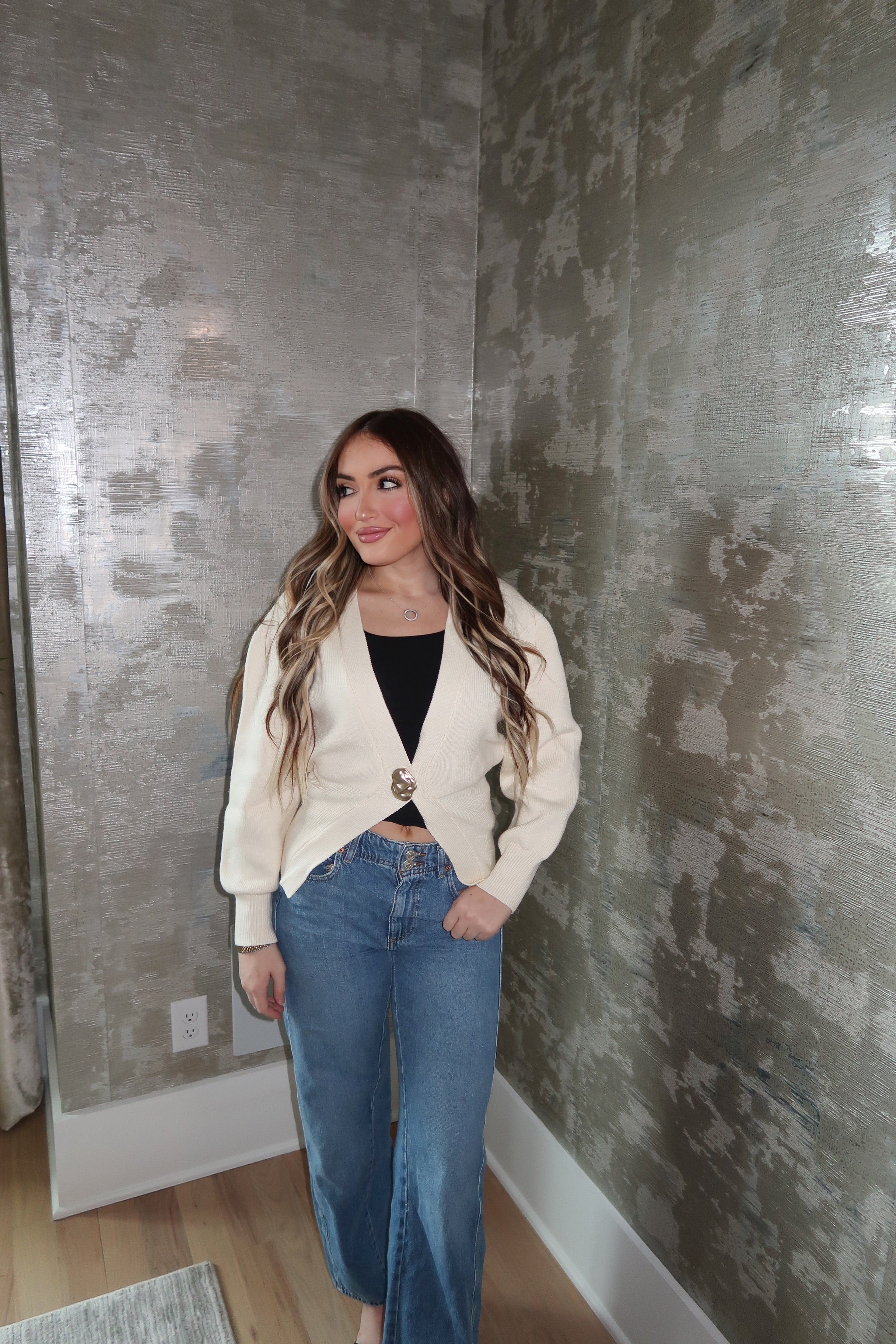 Zelena Gold Button Cardigan- Cream