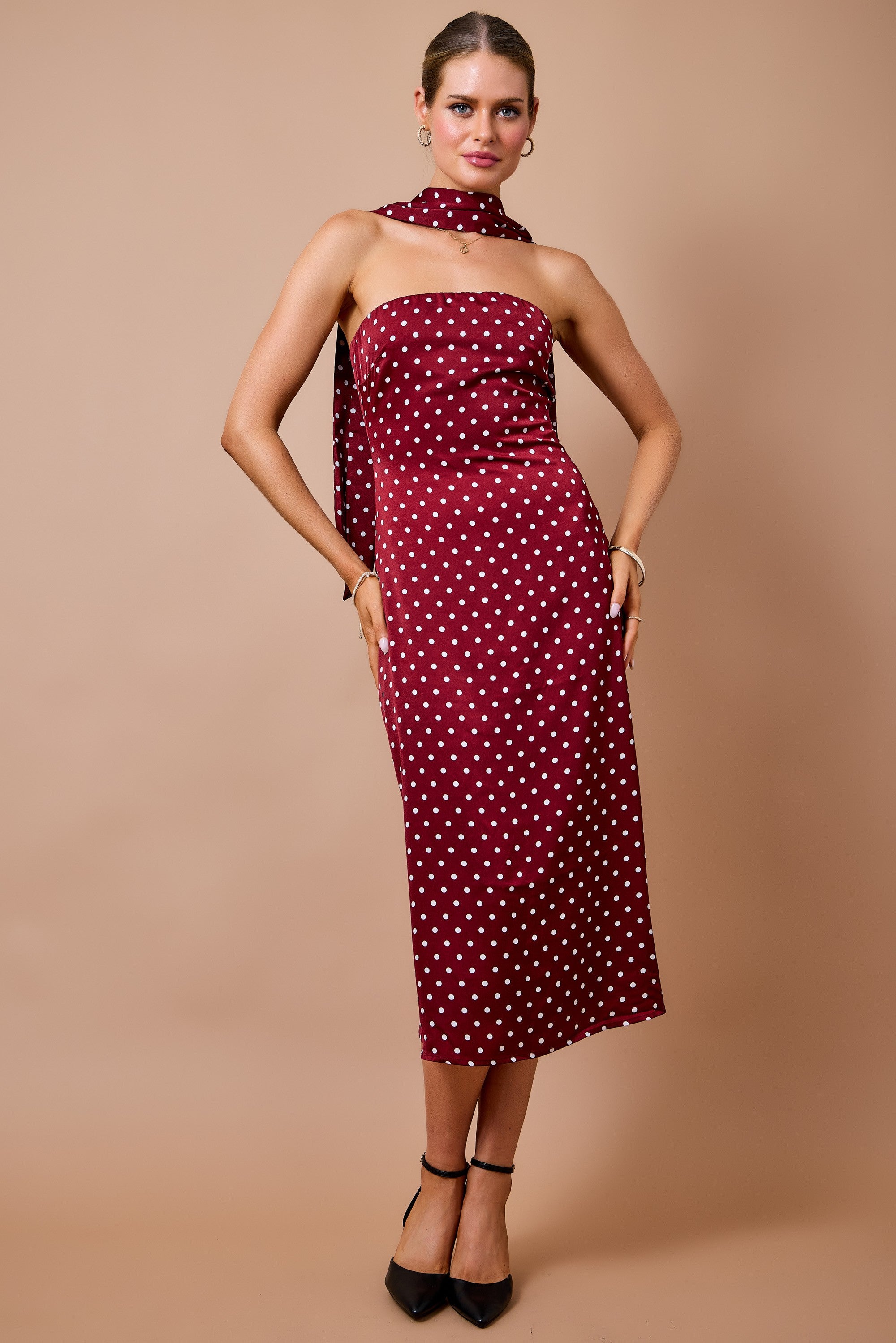 Ainsley Strapless Midi Dress w/ Matching Scarf- Burgundy