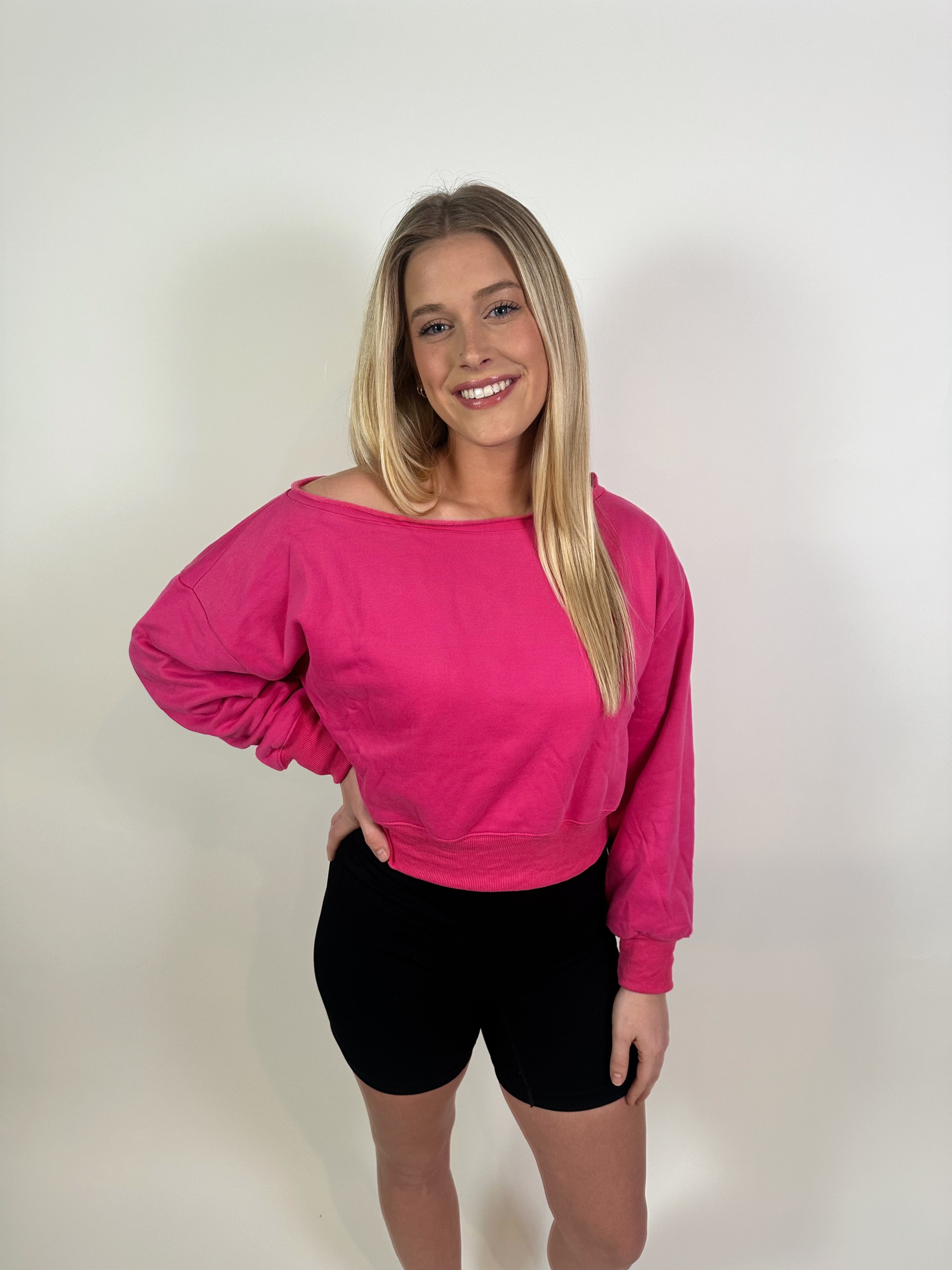 Gwynn Off Shoulder Cropped Sweater- Hot Pink