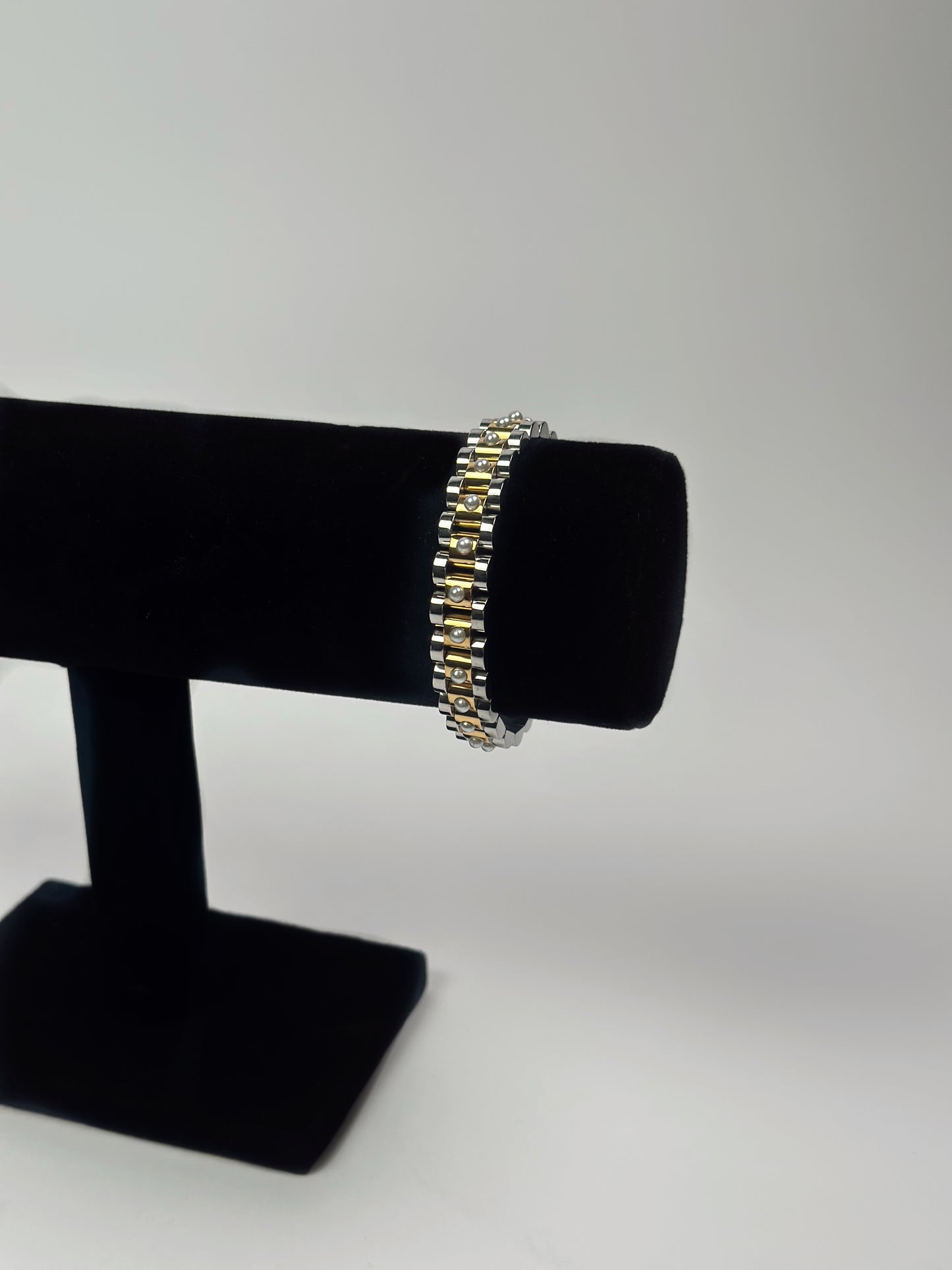 Pearl Studded Two-Toned Watch Band Bracelet