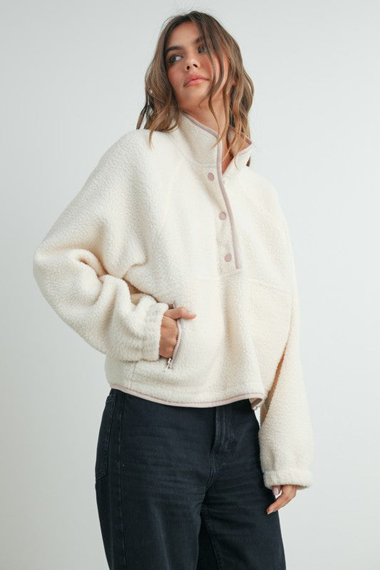 Cassie Fleece Button Top- Ivory/Pink