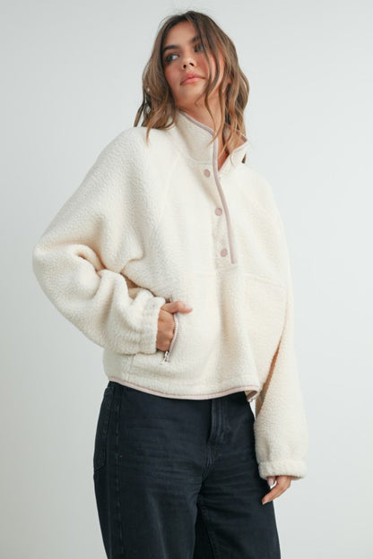 Cassie Fleece Button Top- Ivory/Pink