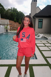 USA Flag Sweatshirt- Red