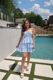 Lennon Ruched Halter Mini Dress- Light Blue