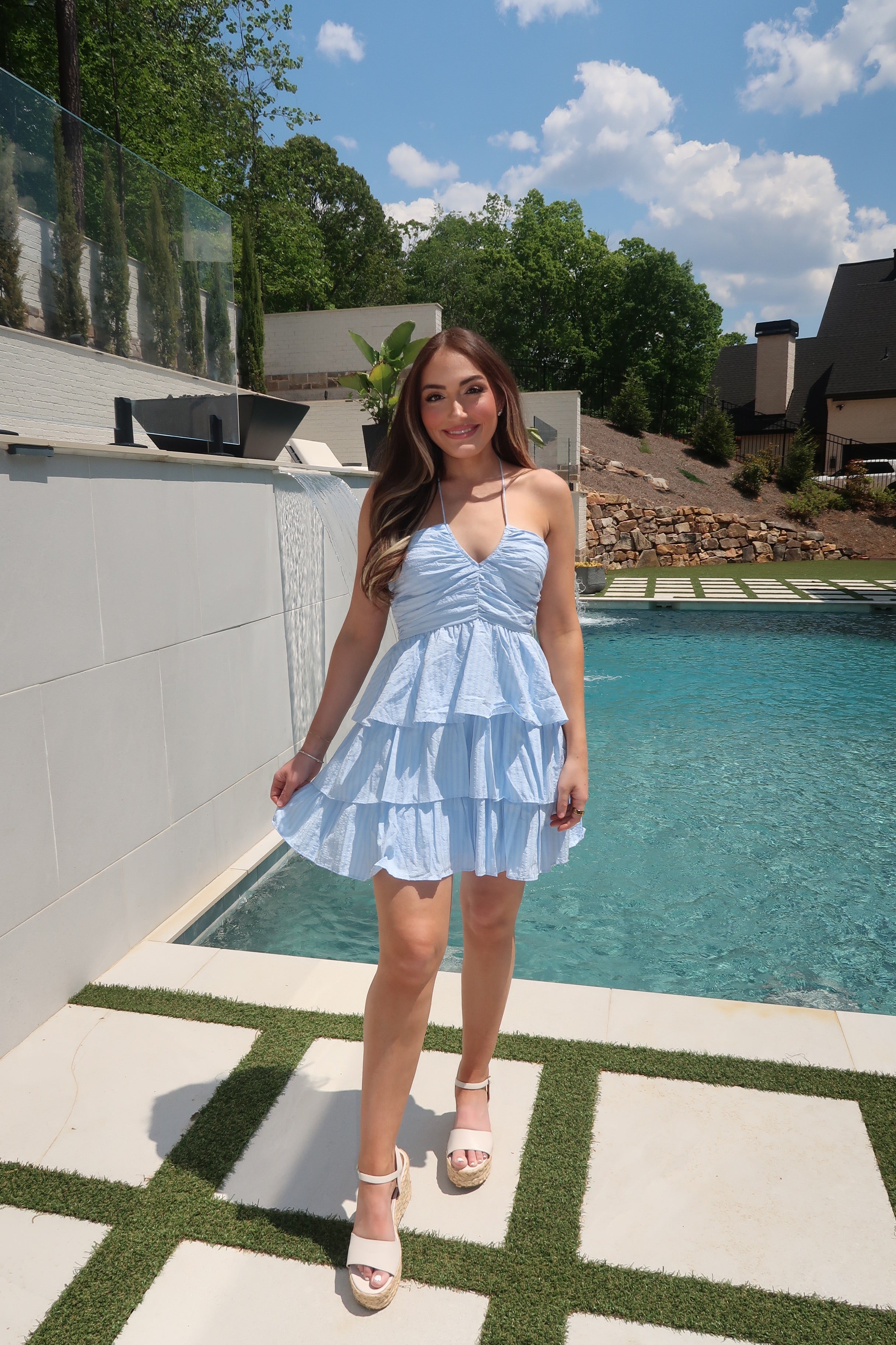 Lennon Ruched Halter Mini Dress- Light Blue