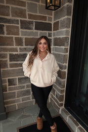 Cassie Fleece Button Top- Ivory/Pink