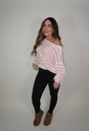 Camille Striped Knit Off The Shoulder Sweater- Pink