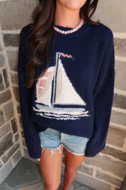 Sailboat Knit Sweater- Navy