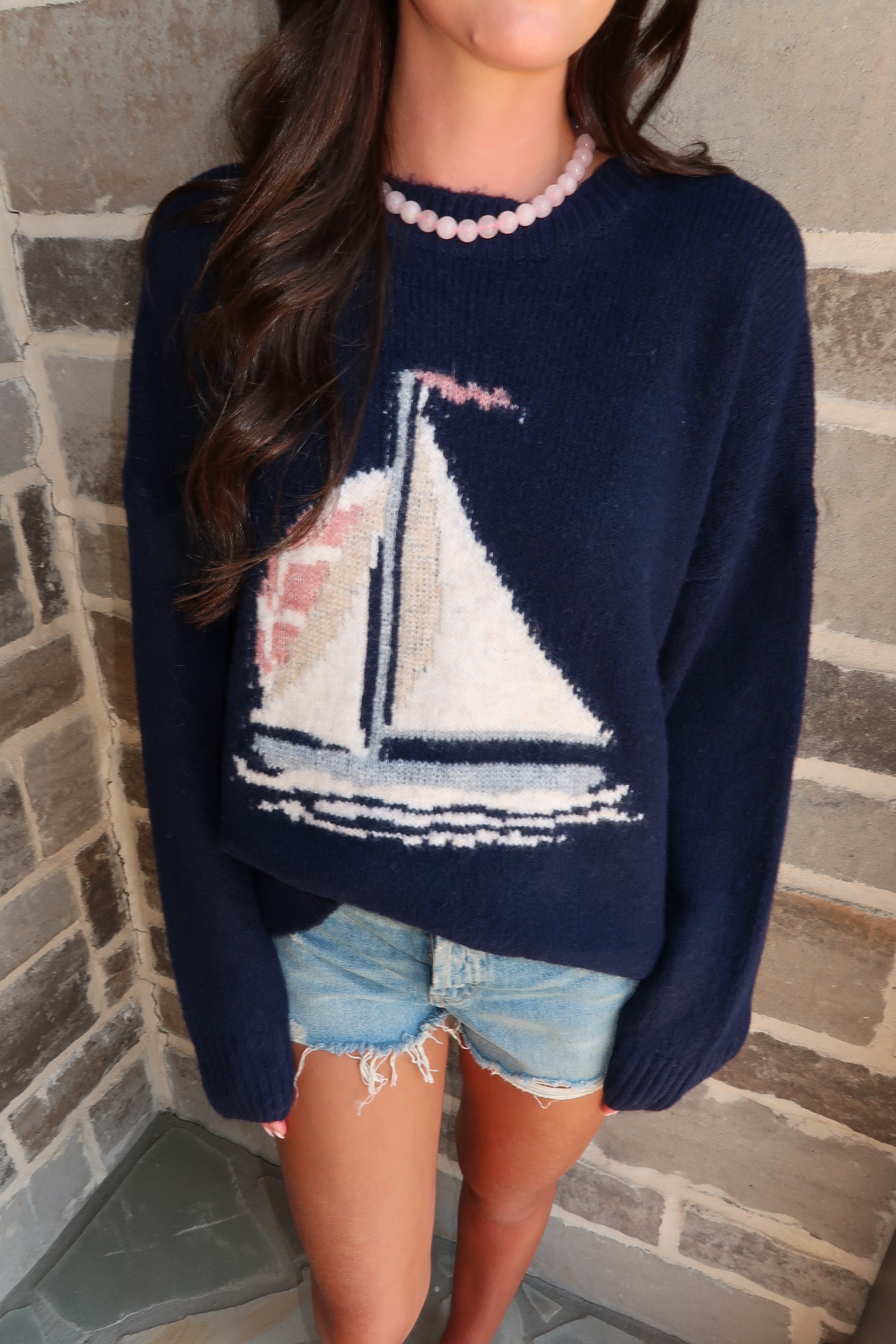 Sailboat Knit Sweater- Navy