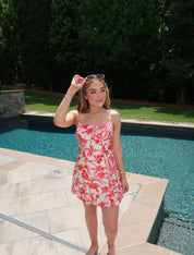 Indie Floral Mini Dress- Ivory/Red