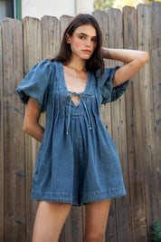Adair Soft Denim Puff Sleeve Denim Romper- Denim