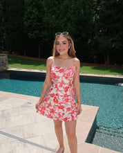 Indie Floral Mini Dress- Ivory/Red