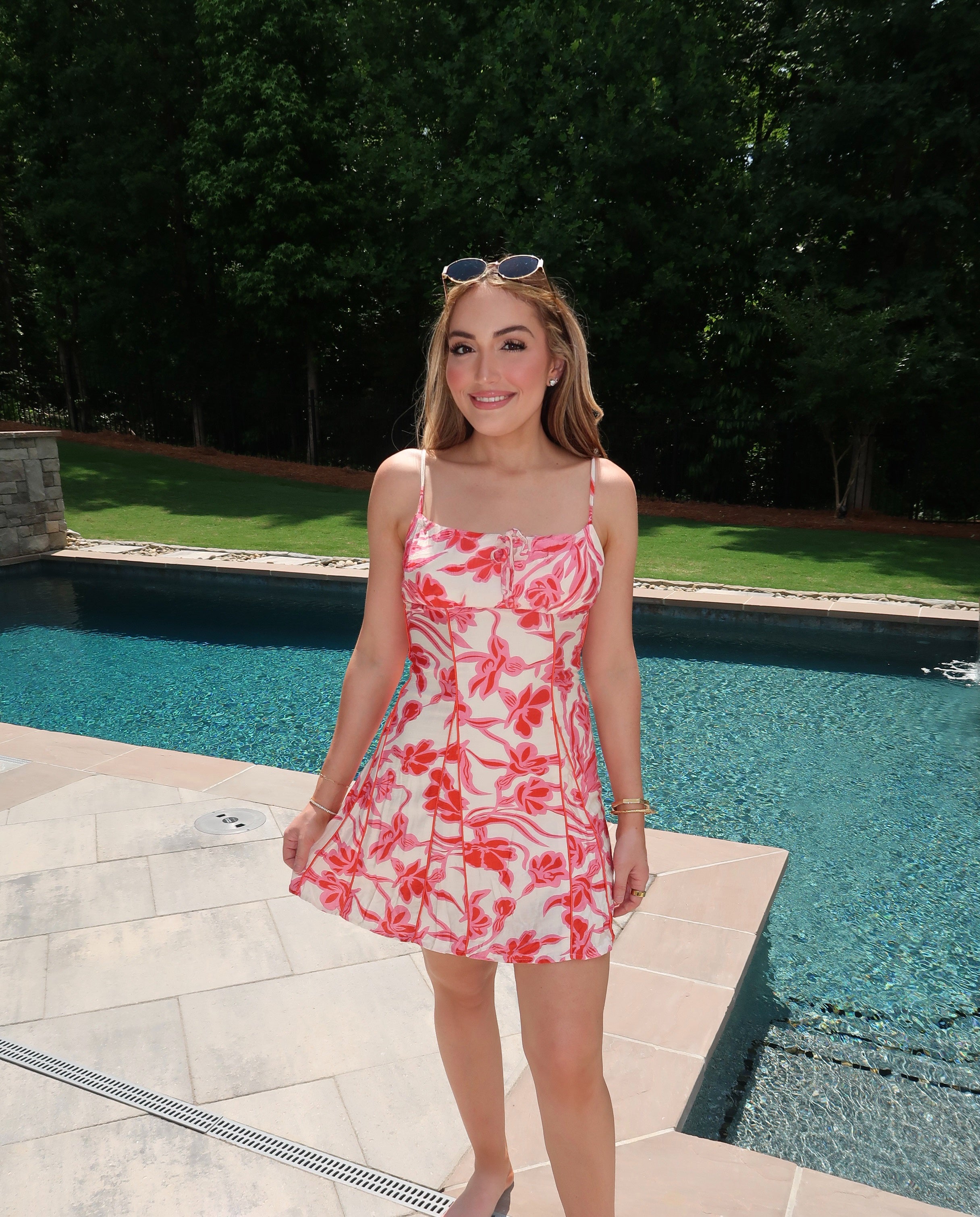 Indie Floral Mini Dress- Ivory/Red