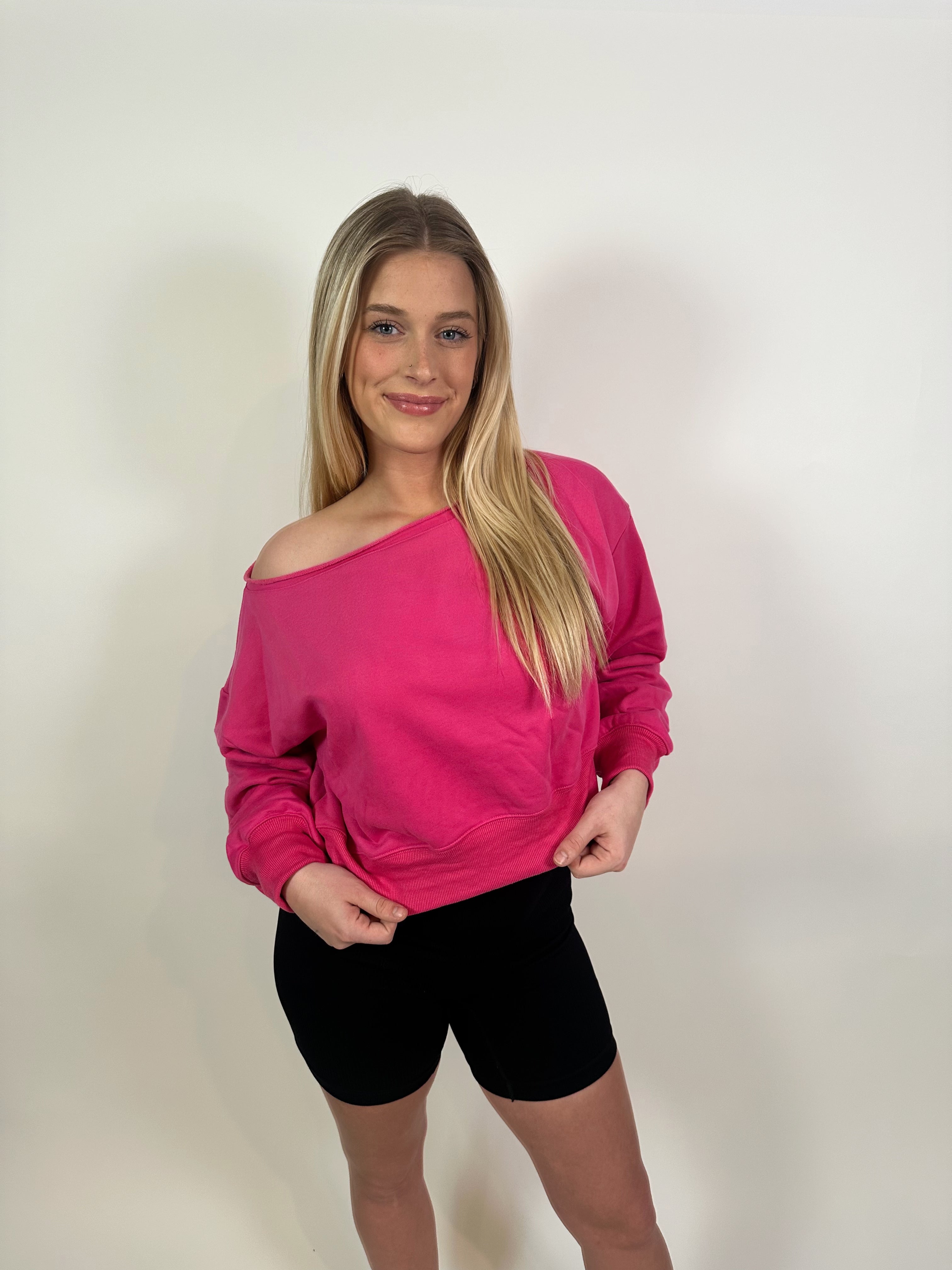 Gwynn Off Shoulder Cropped Sweater- Hot Pink