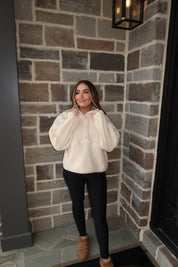 Cassie Fleece Button Top- Ivory/Pink