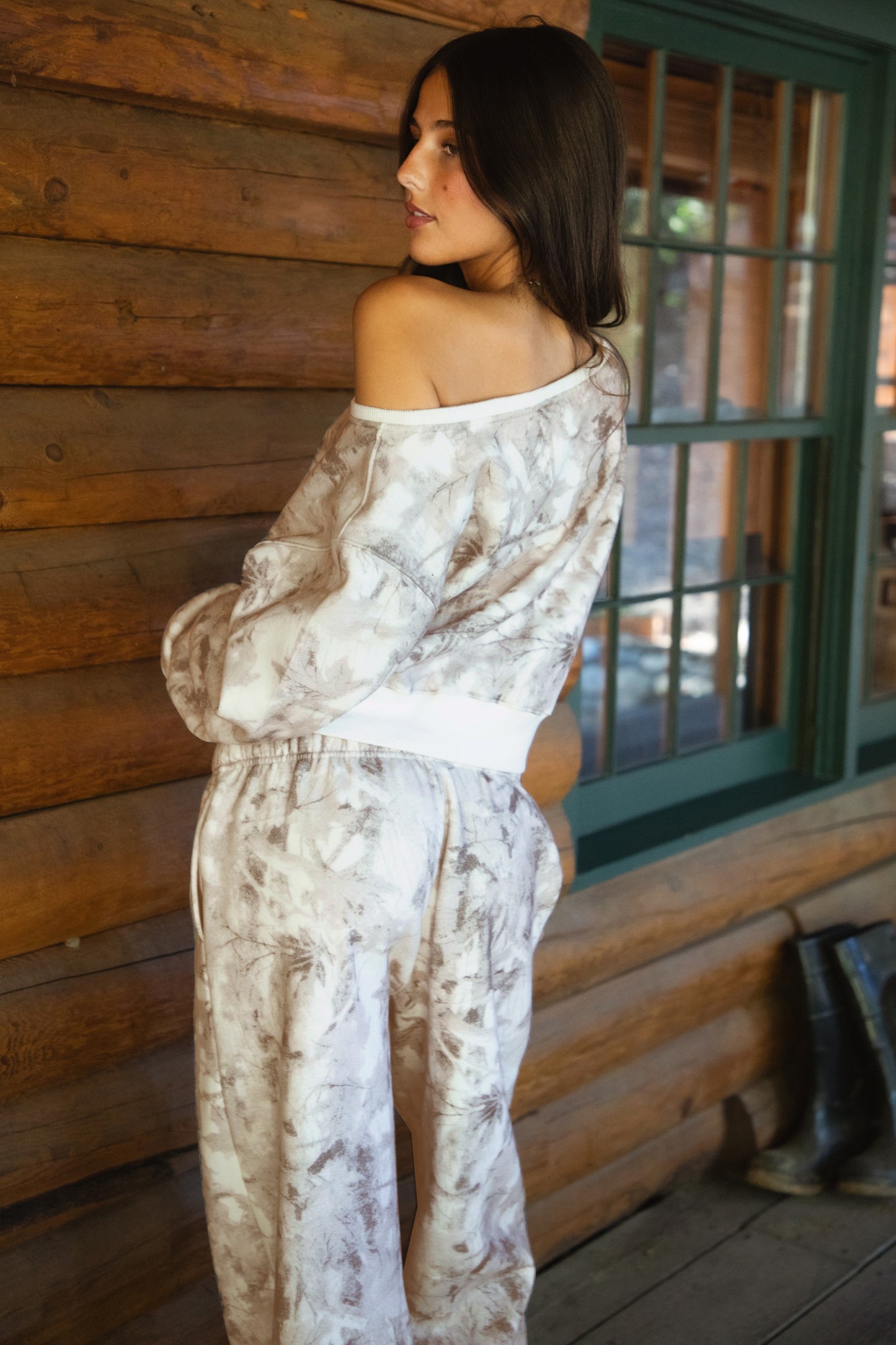 Monroe Camo Fleece Off Shoulder Sweater- Light Camo