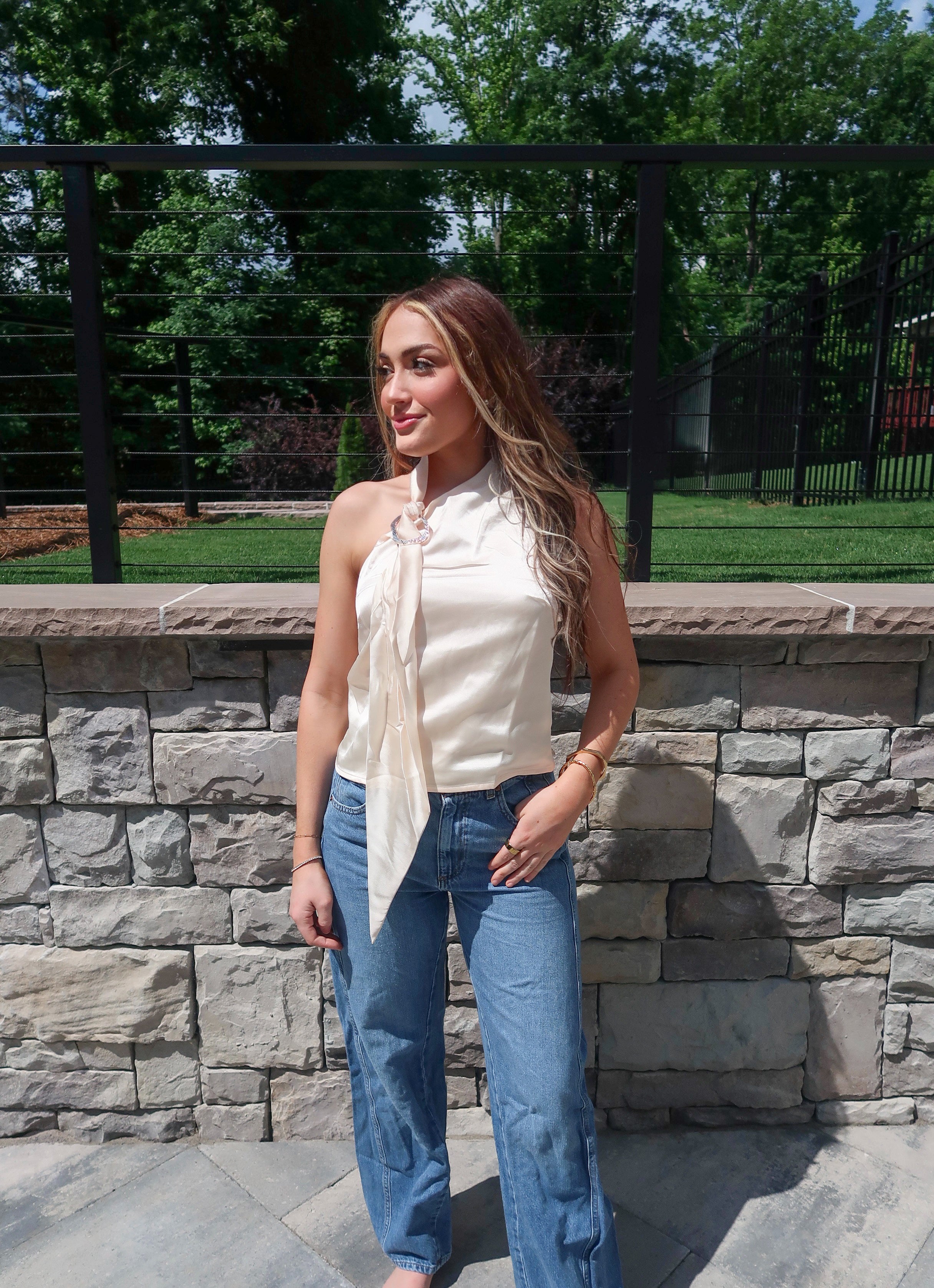 Zara One Shoulder Top With Scarf Detail- Ivory