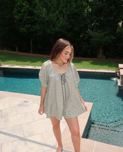 Rumi Striped Puff Sleeve Romper- Sage Green