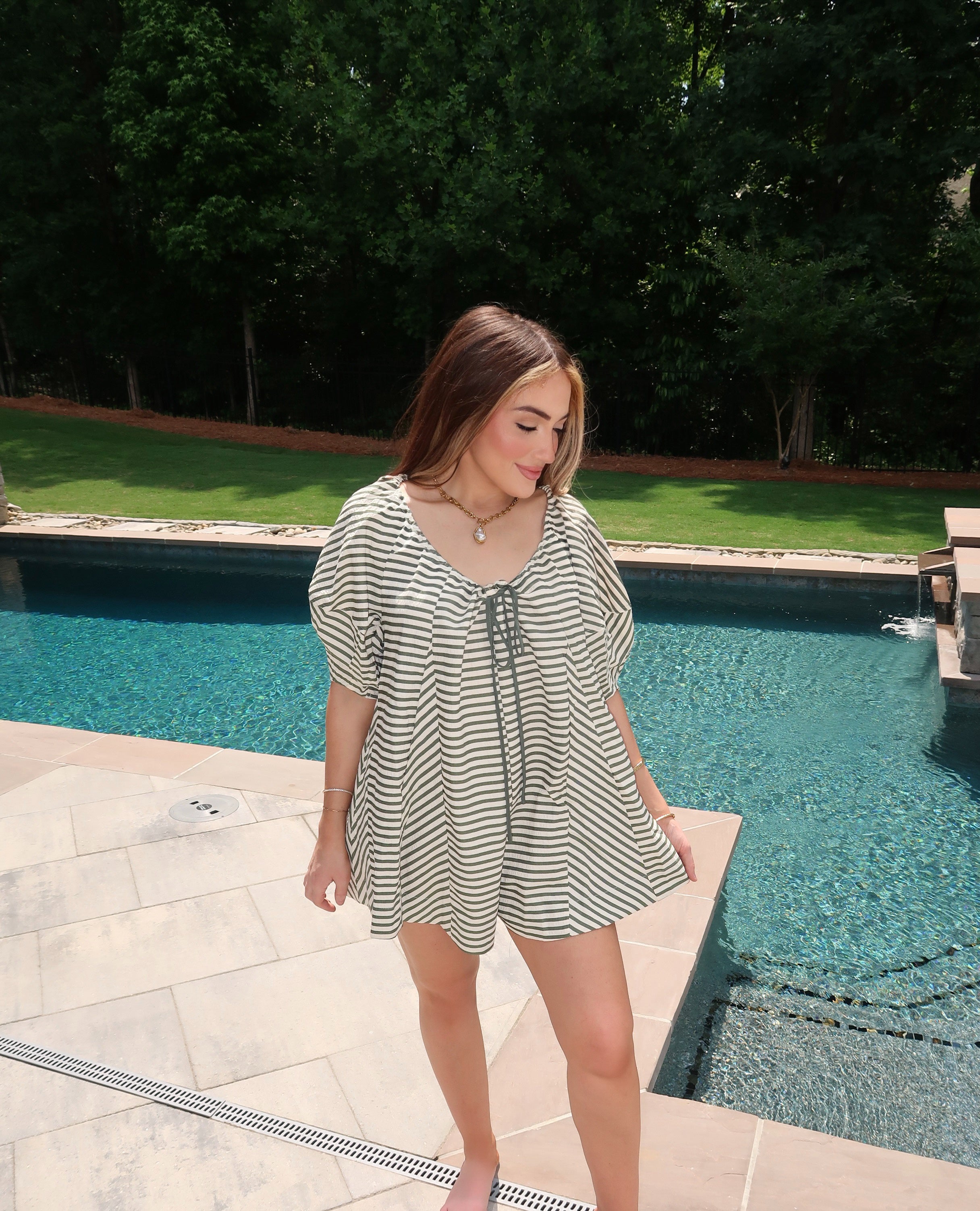 Rumi Striped Puff Sleeve Romper- Sage Green