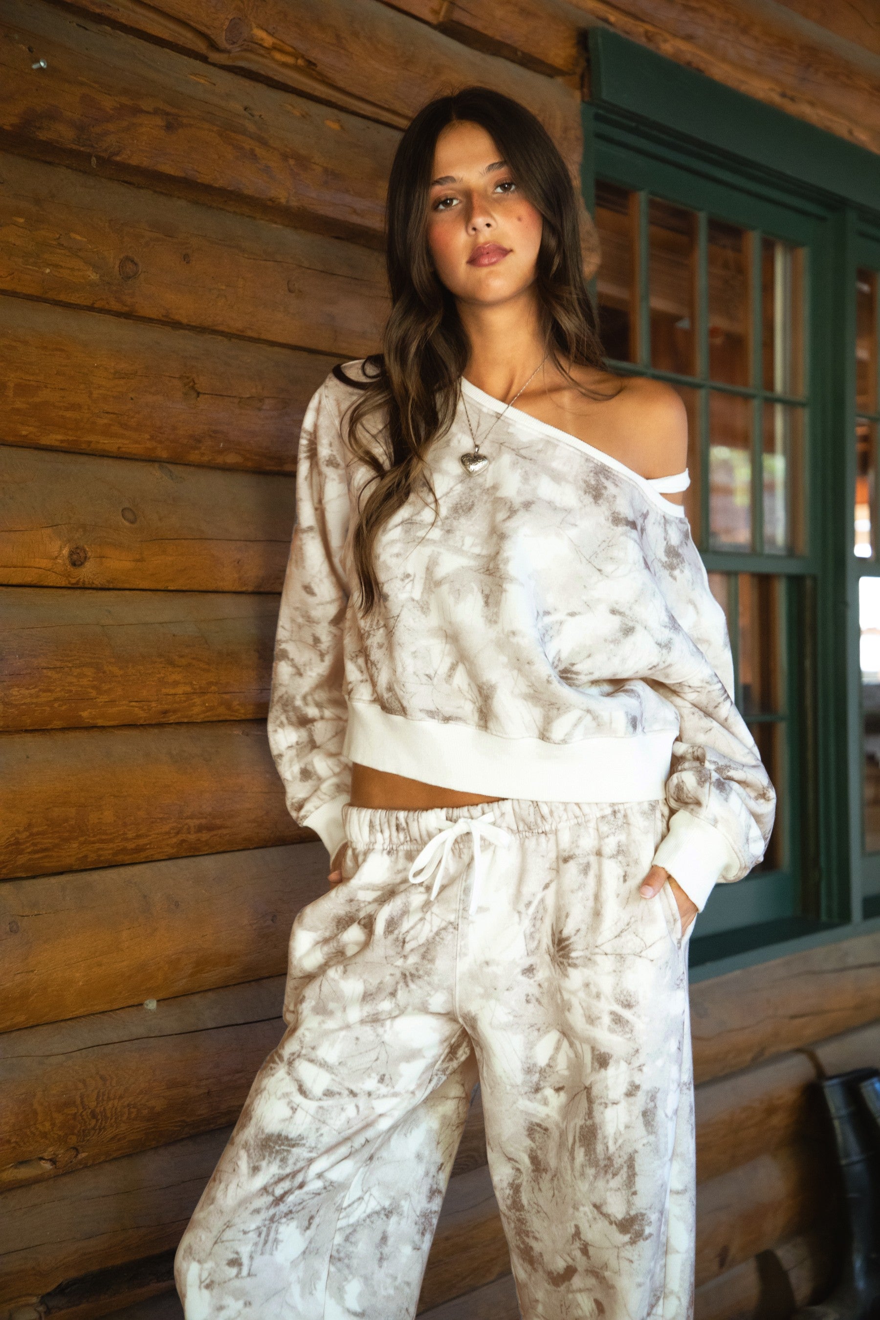 Monroe Camo Fleece Off Shoulder Sweater- Light Camo
