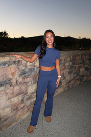 Allie Fold Over Flare Leggings- Navy