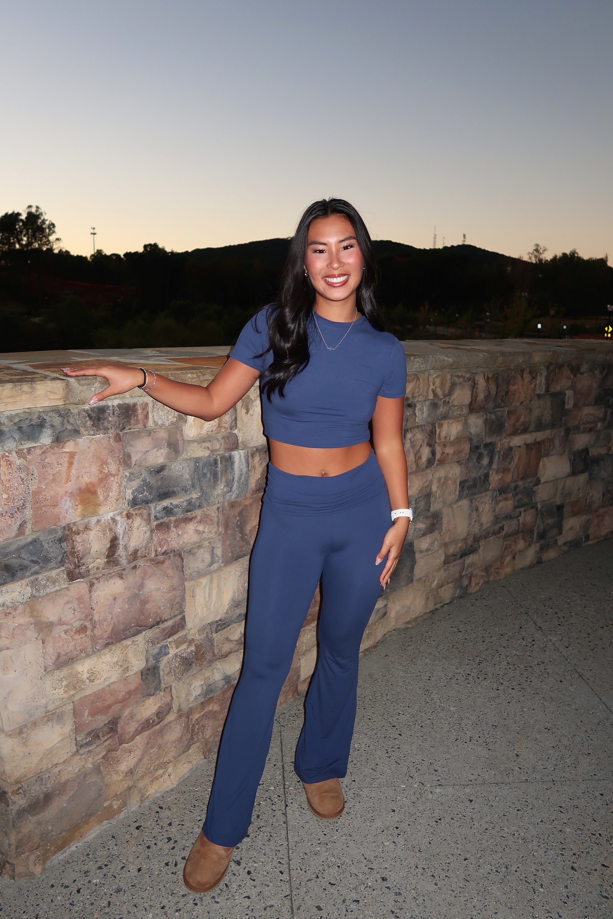 Allie Fold Over Flare Leggings- Navy