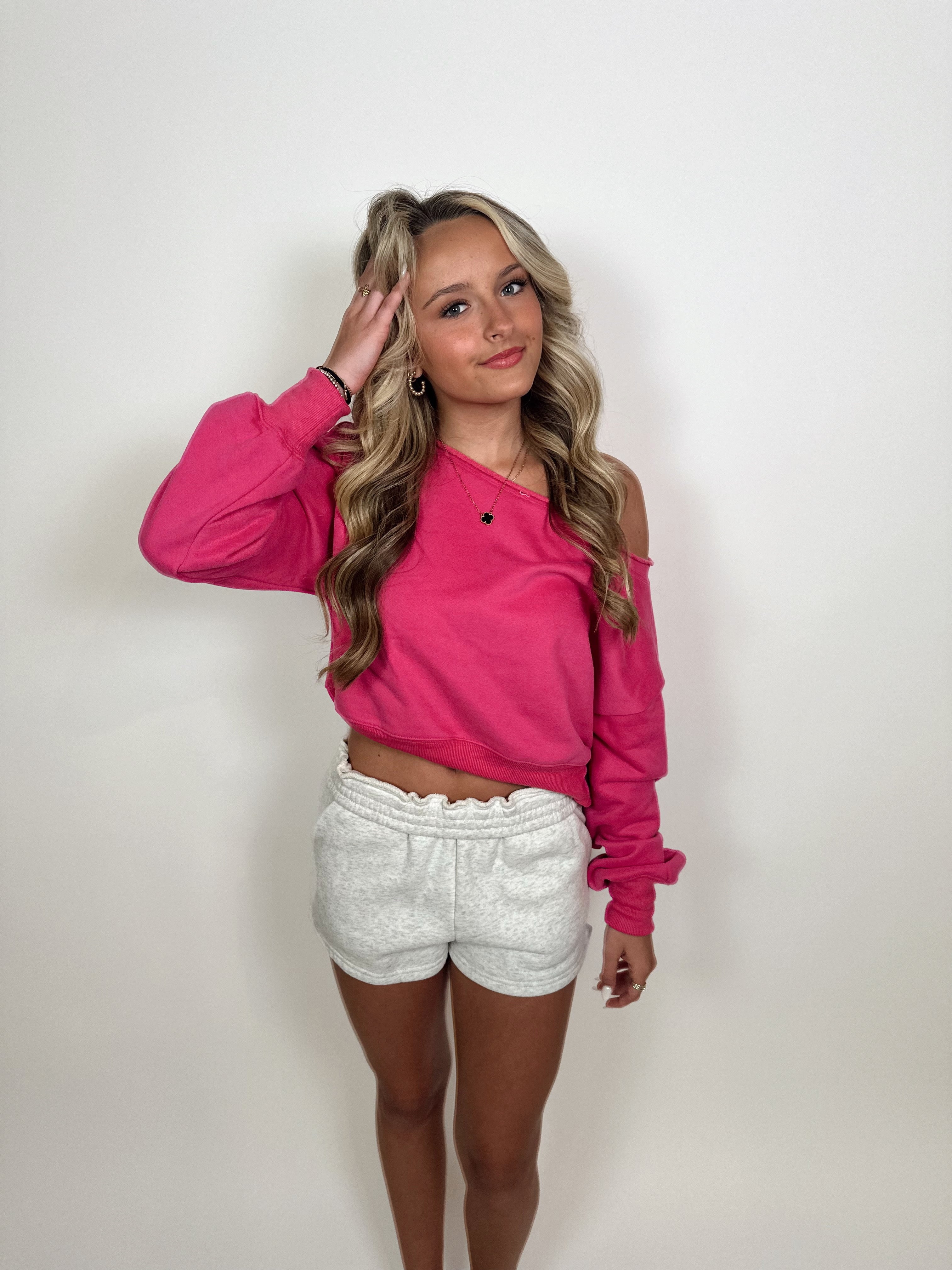 Gwynn Off Shoulder Cropped Sweater- Hot Pink
