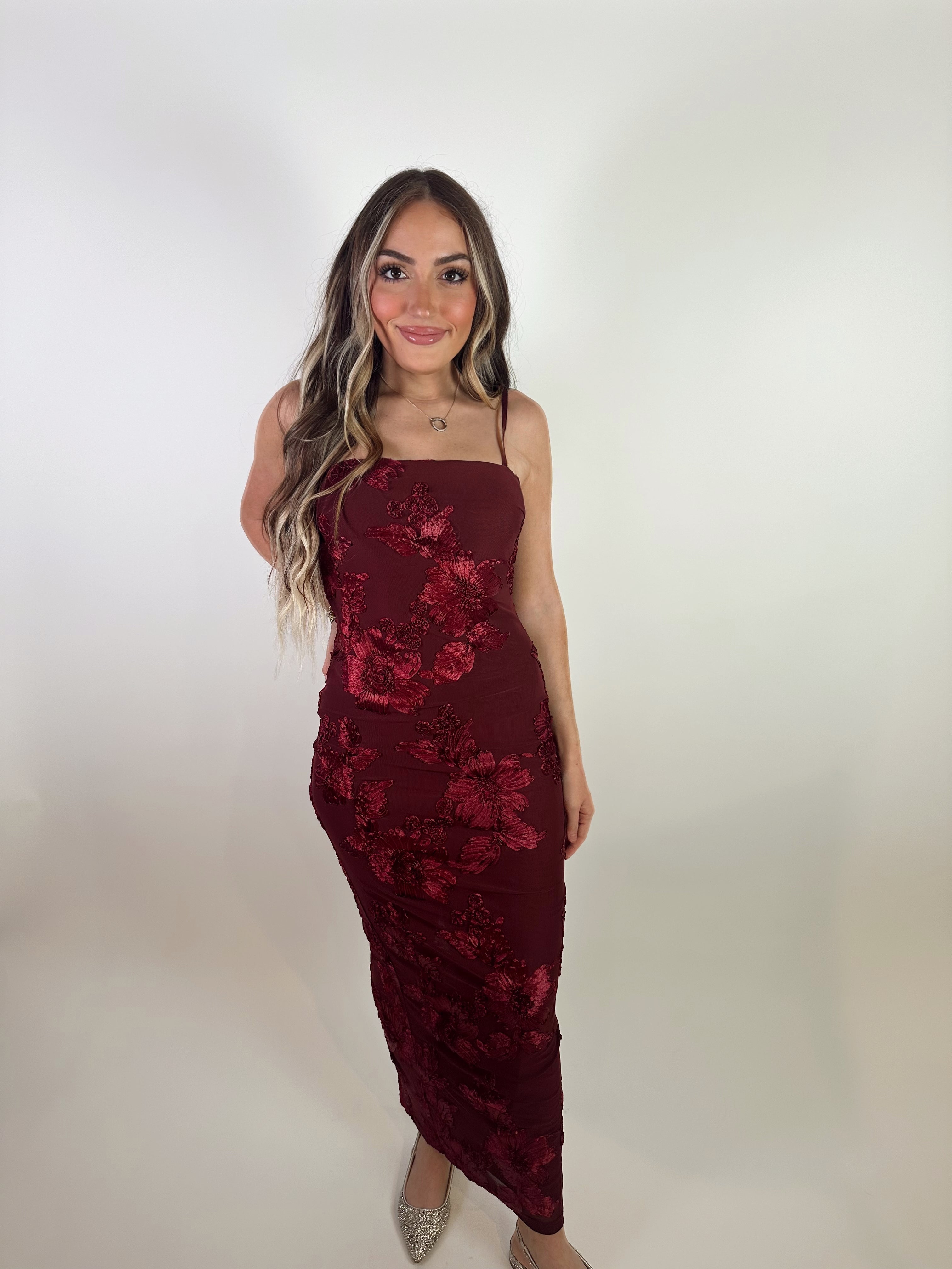 Juliette Floral Mesh Embroidered Maxi Dress- Wine Small