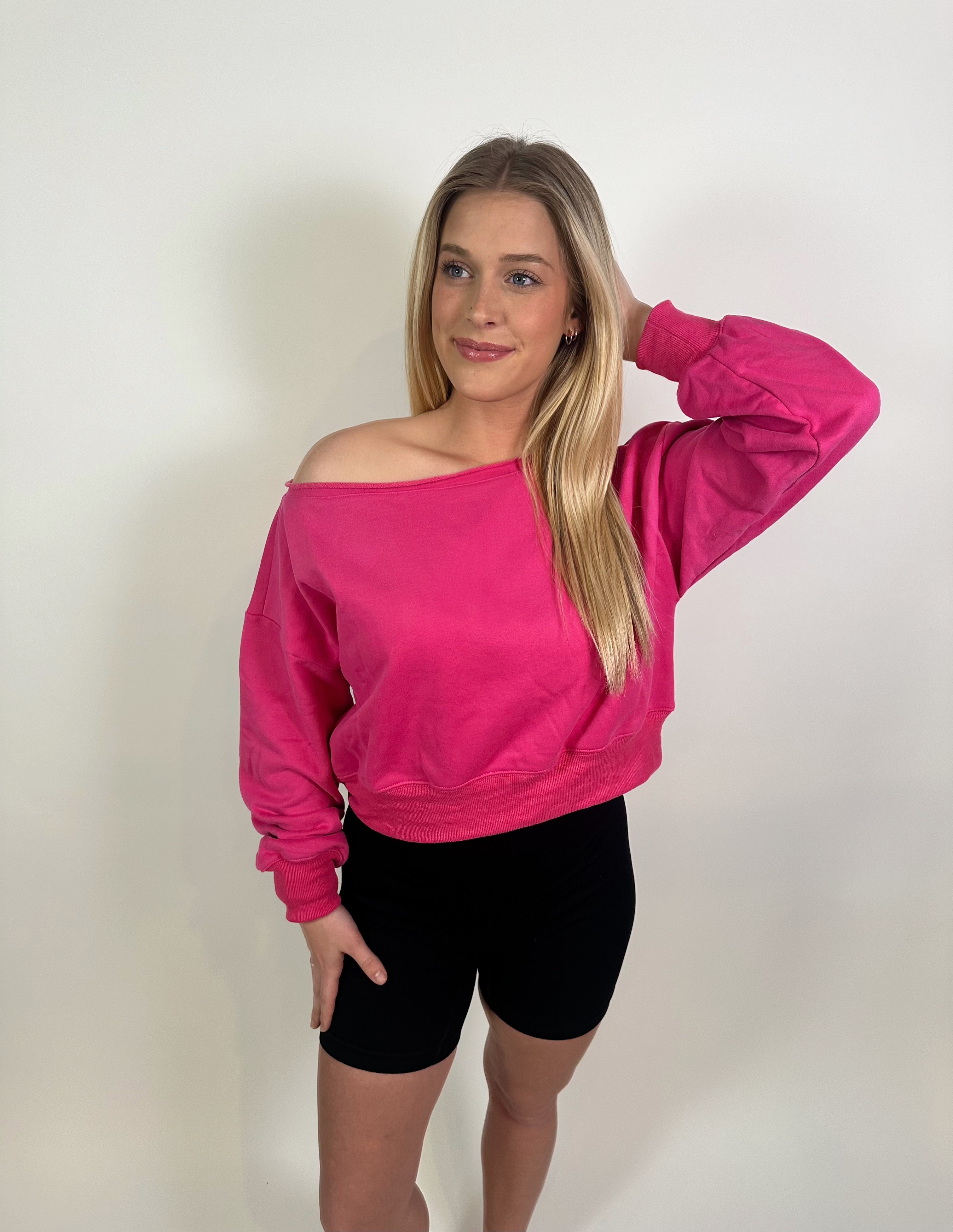 Gwynn Off Shoulder Cropped Sweater- Hot Pink