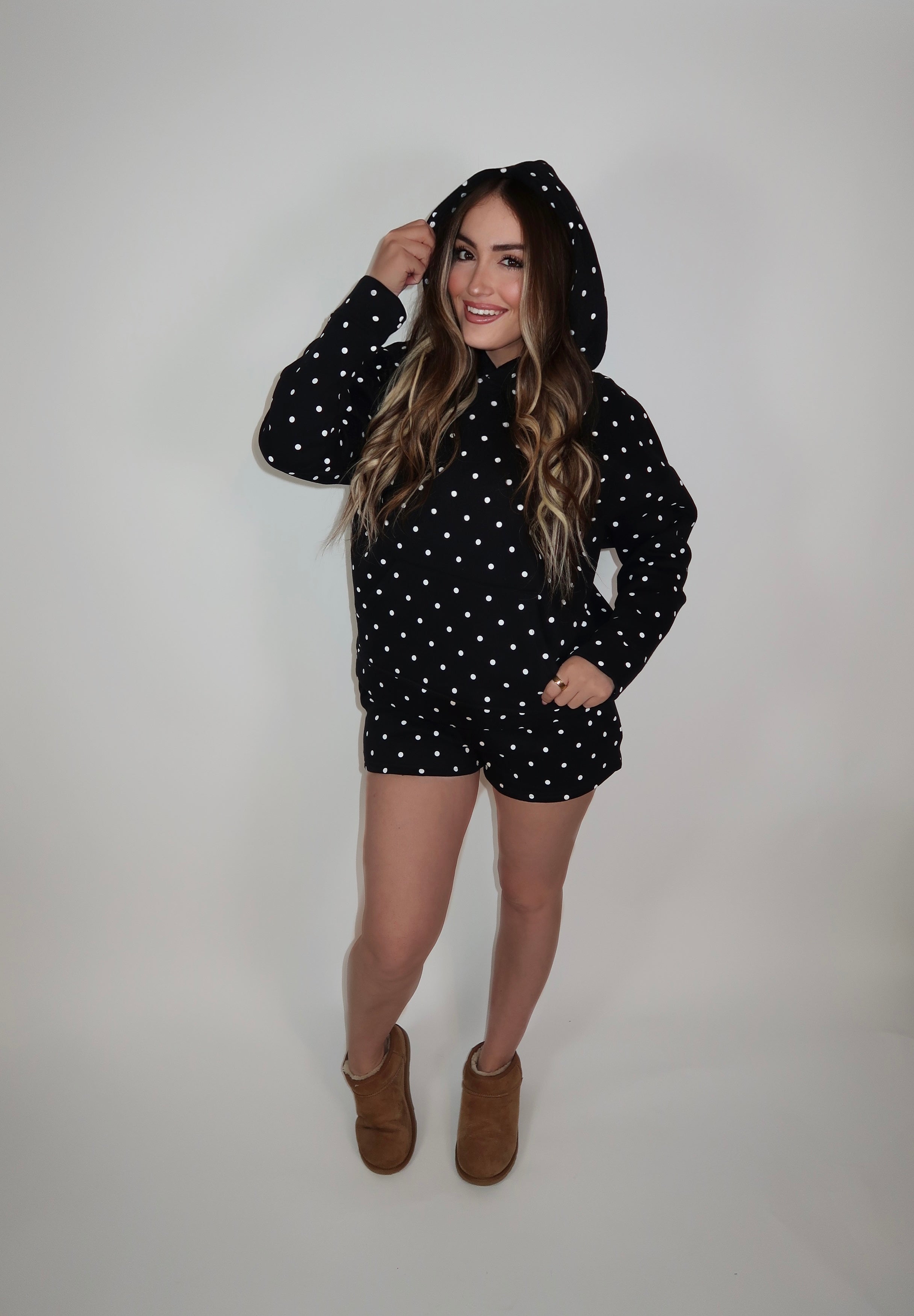 Eliza Polka Dot Sweatshirt and Short Set- Black