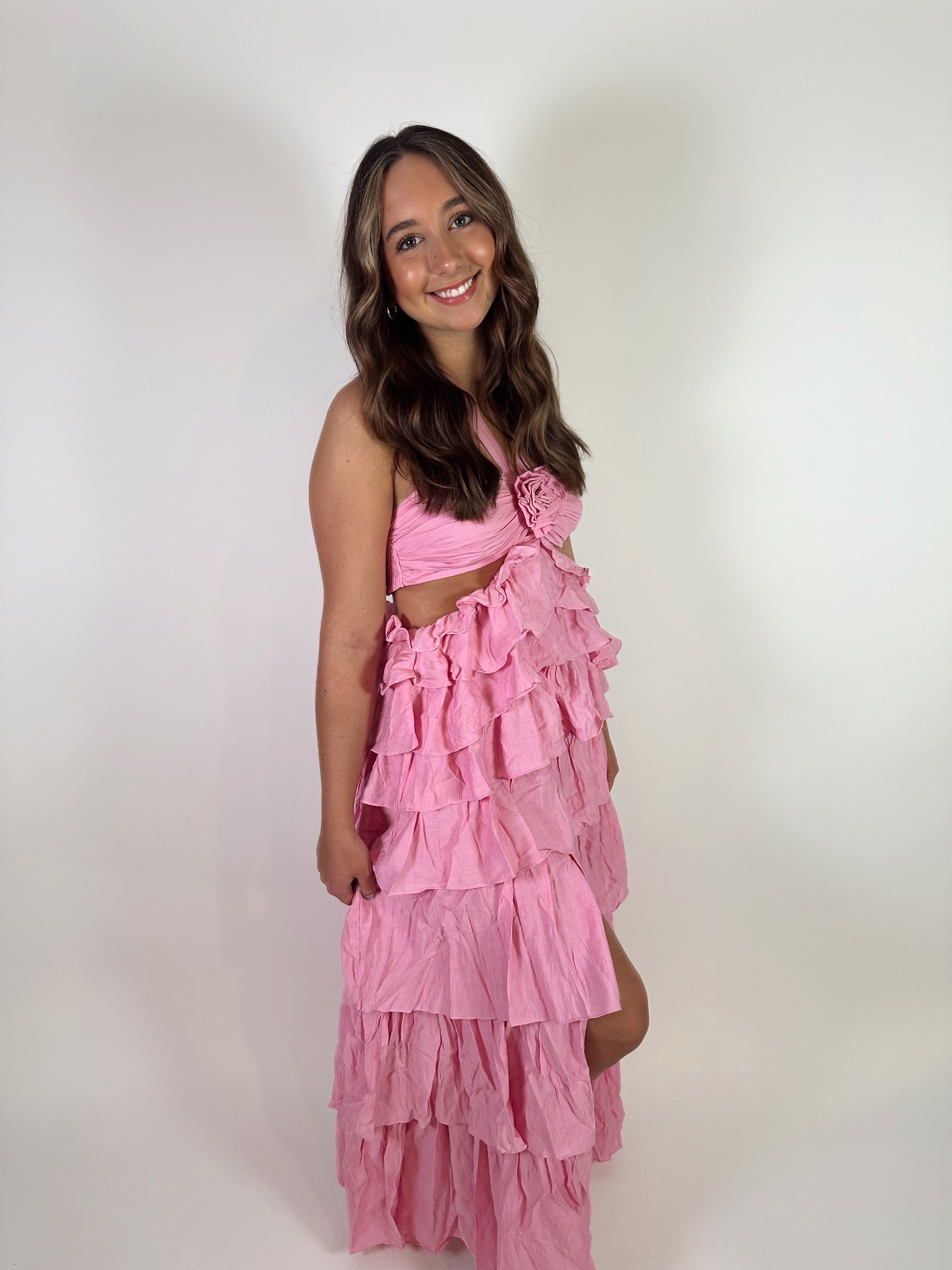 Casa Amor Rosette Halter Maxi Dress- Pink