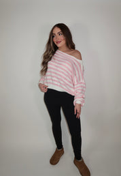 Camille Striped Knit Off The Shoulder Sweater- Pink