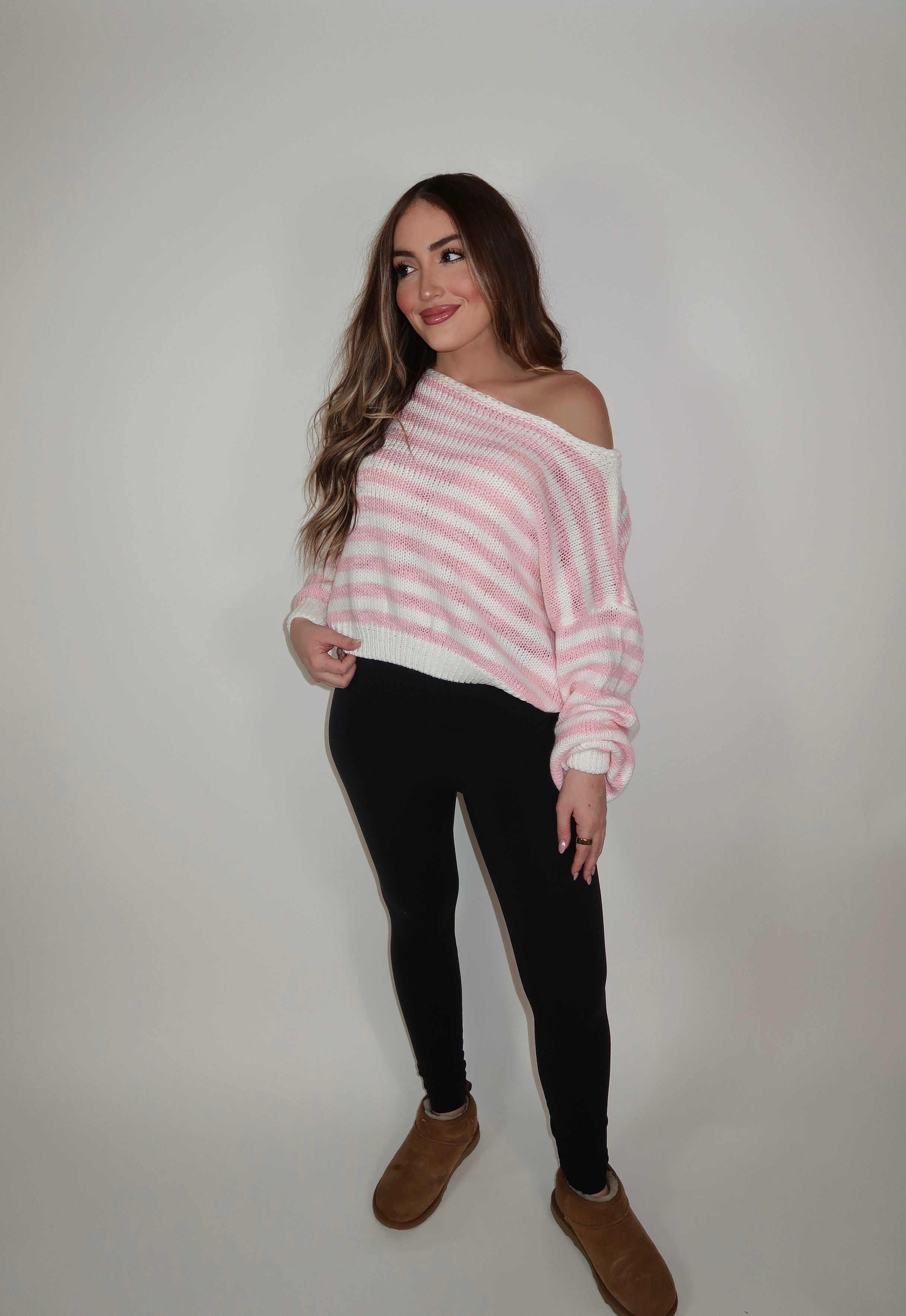 Camille Striped Knit Off The Shoulder Sweater- Pink