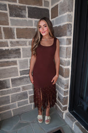 Michelle Fringe Midi Dress- Brown
