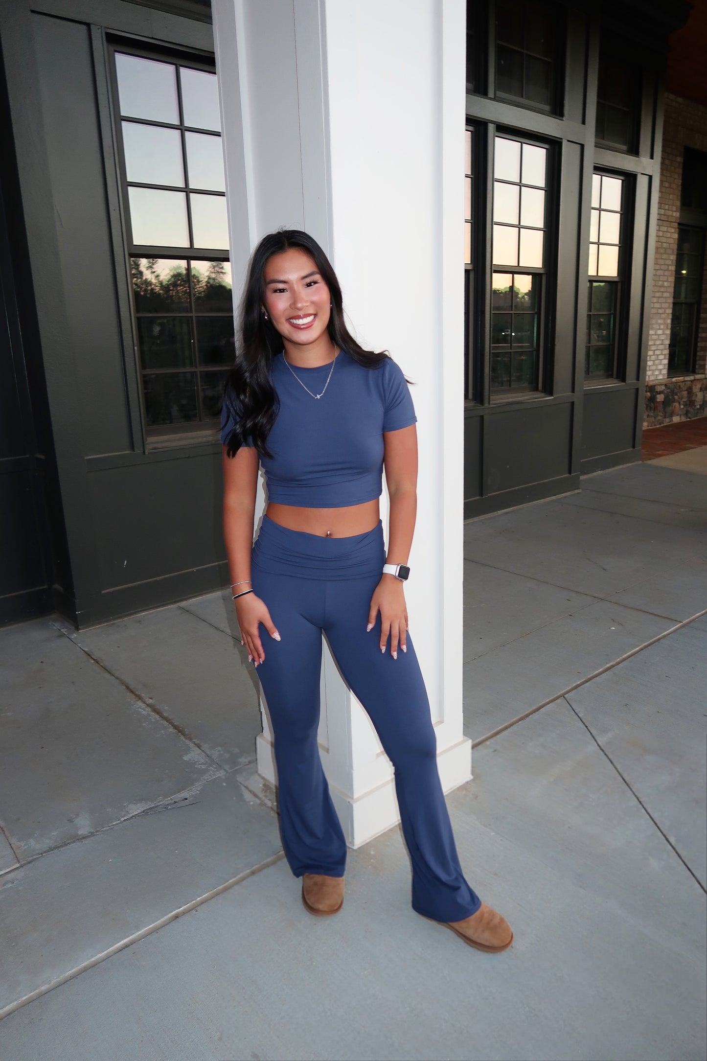 Allie Fold Over Flare Leggings- Navy