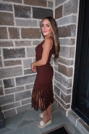 Michelle Fringe Midi Dress- Brown
