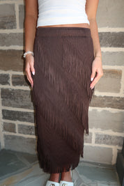 Freya Pleated Fringe Midi Skirt- Brown