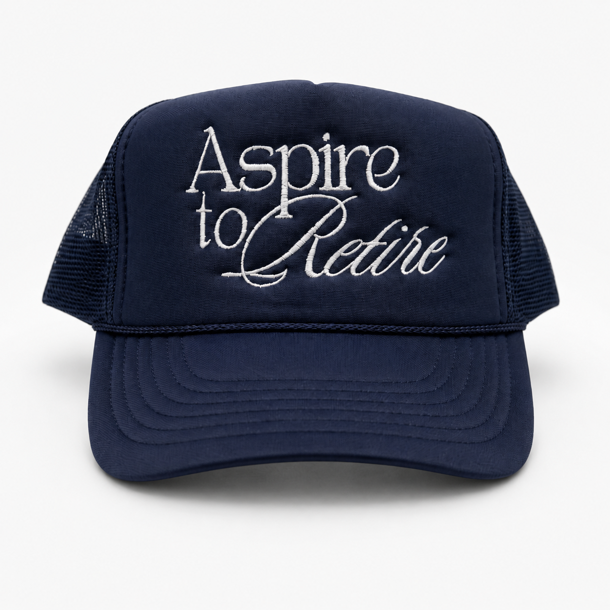 Aspire to Retire Foam Embroidered Trucker Hat- Black/Navy