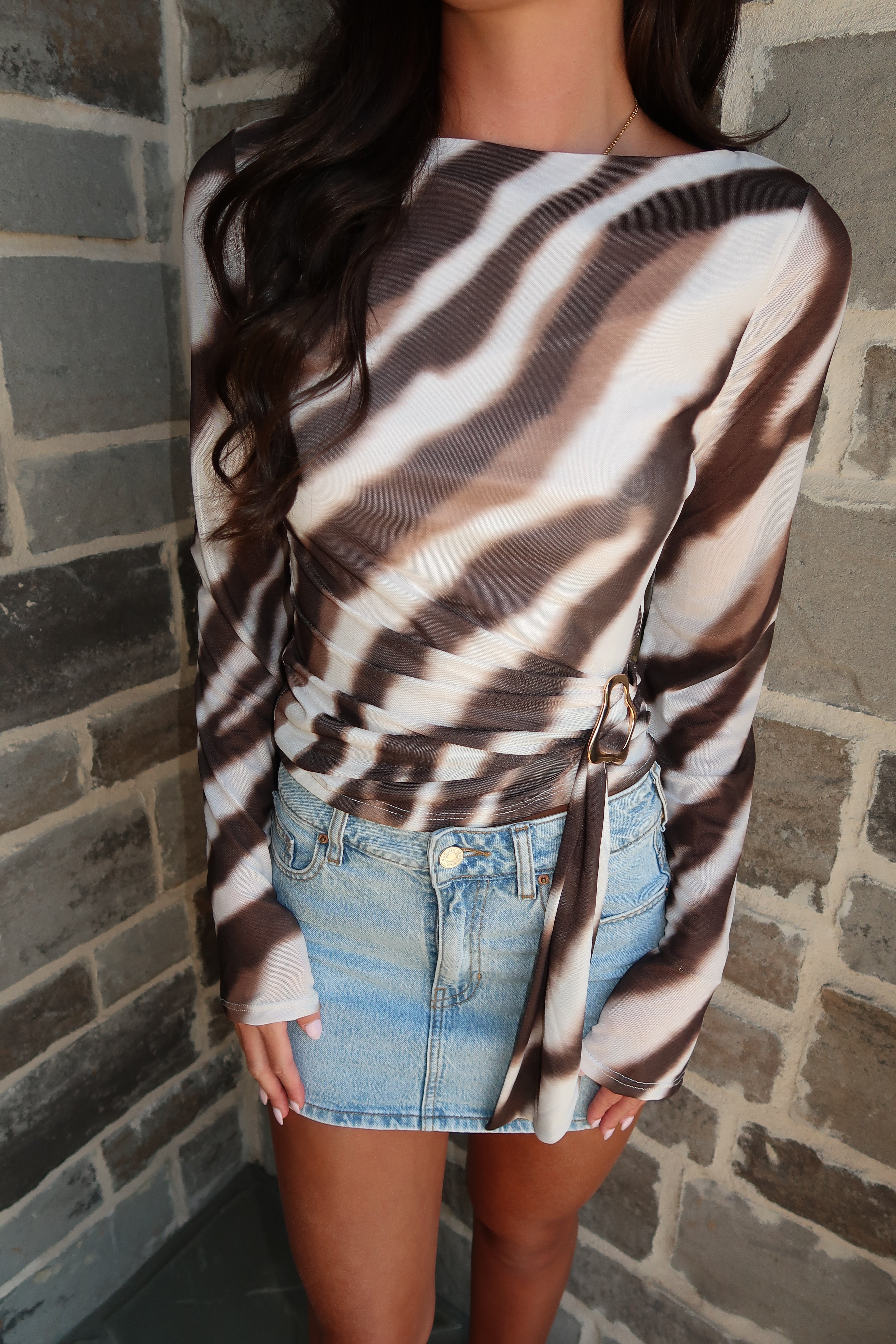 Zahara Long Sleeve Top- Ivory/Brown