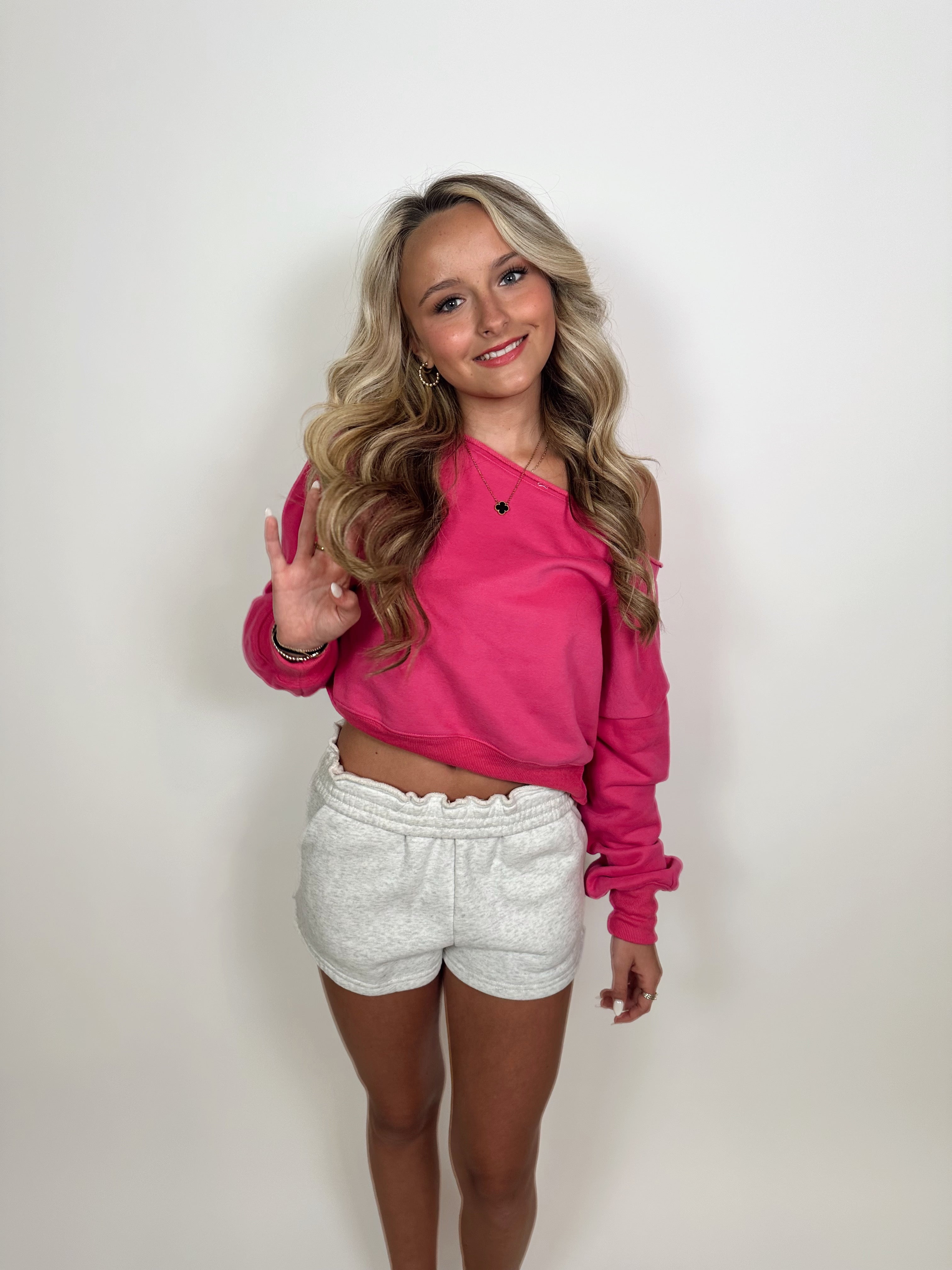 Gwynn Off Shoulder Cropped Sweater- Hot Pink