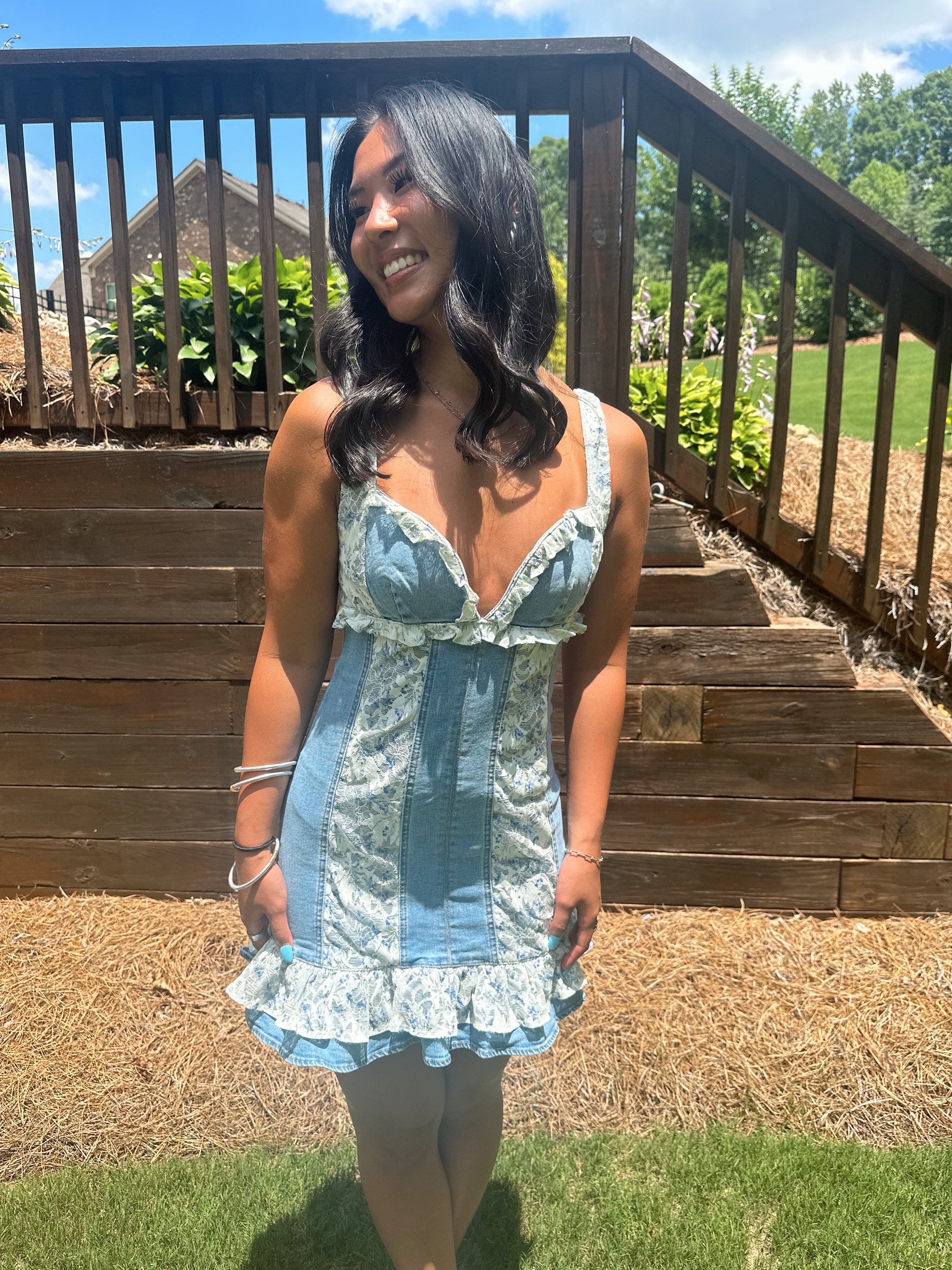 Jess Denim Lace Ruffle Mini Dress
