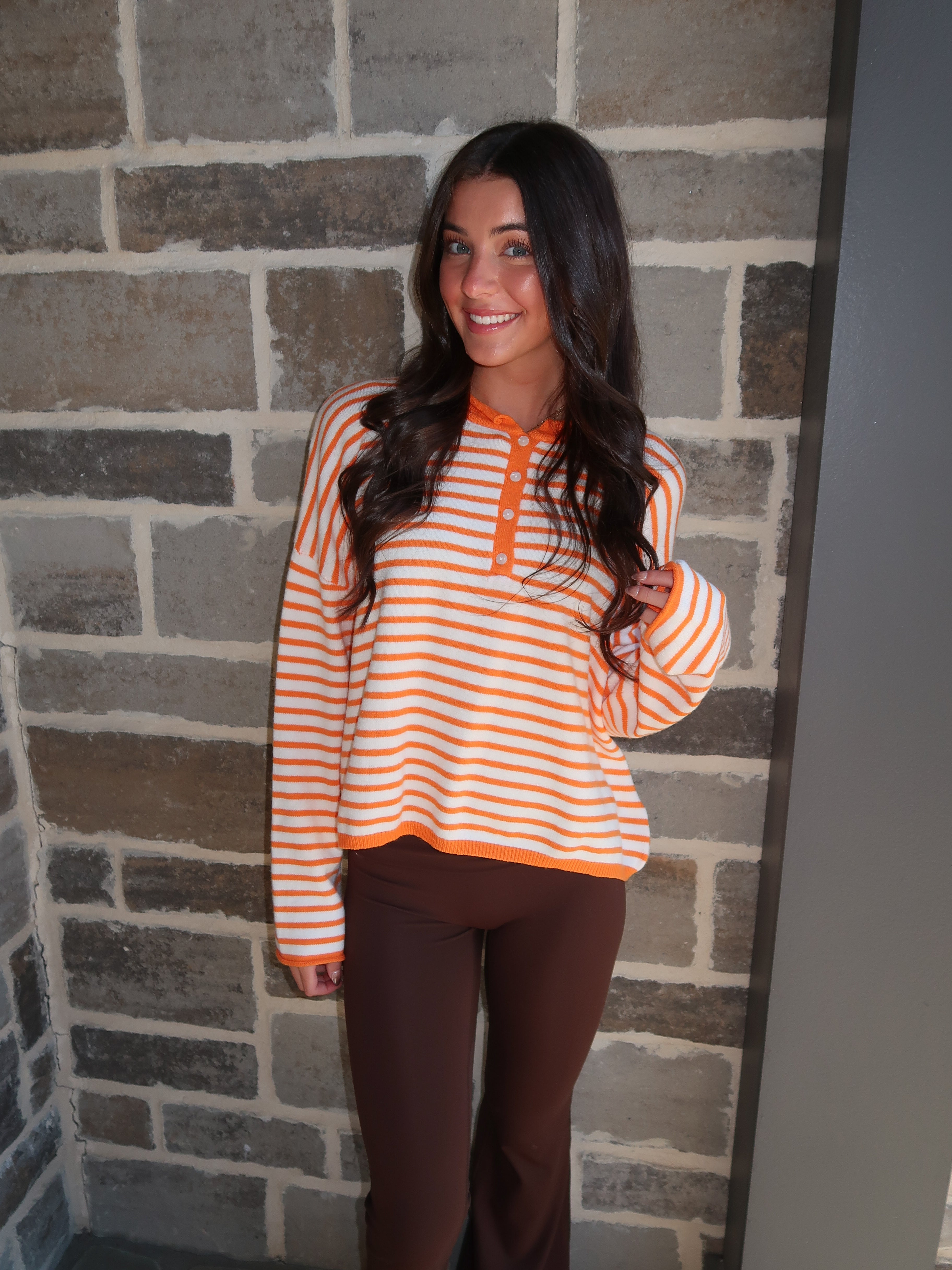Harlow Striped Henley Knit Top- Sunkist